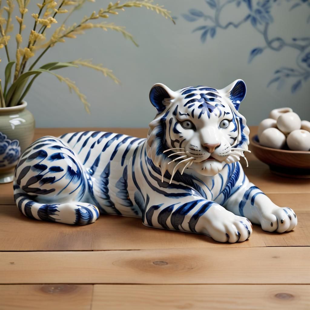 Porcelain Tiger Figurine in Willow Pattern