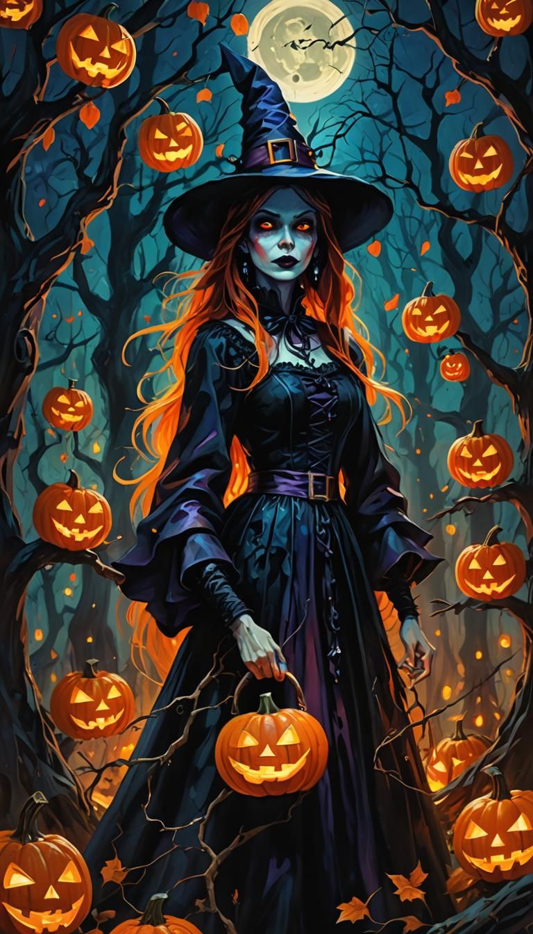 Halloween Witch in Mystical Forest: Fauvist Expressionism