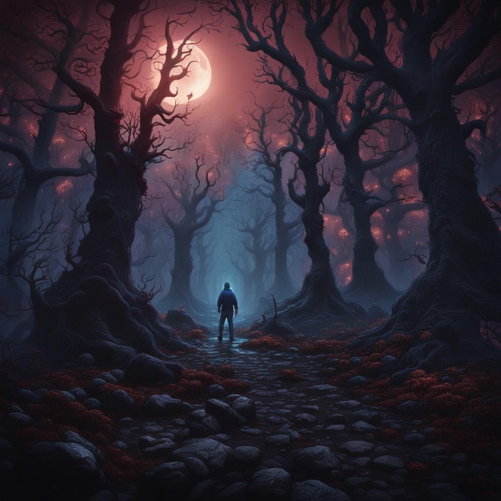 Horror Forest at Night: Detailed Matte Painting