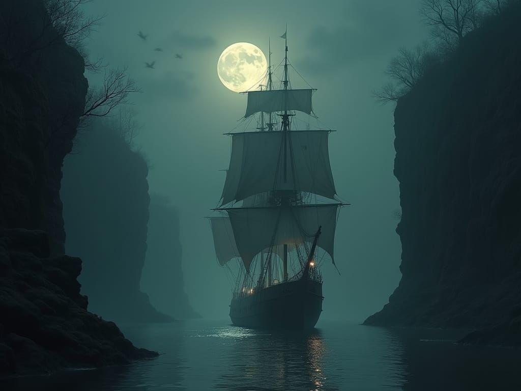Spooky Sailing Ship Glows on Foggy Moonlight Night