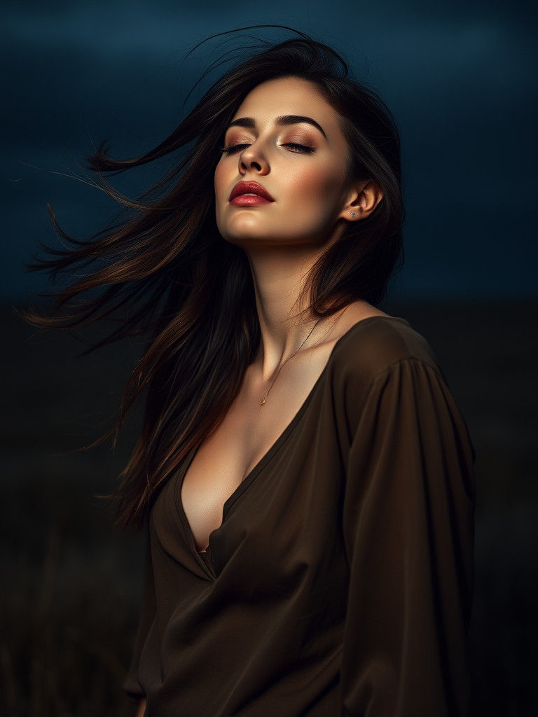 Brunette Woman in Moody Field, Cinematic Photography