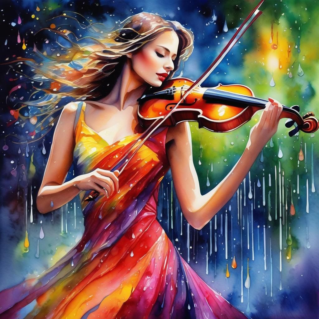 Surreal Watercolor Woman Dancing in Cosmic Rain