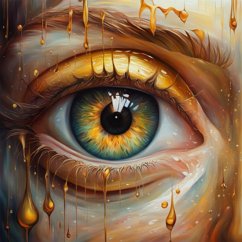 Surreal Tear in Eye: A Glistening Oil Painting