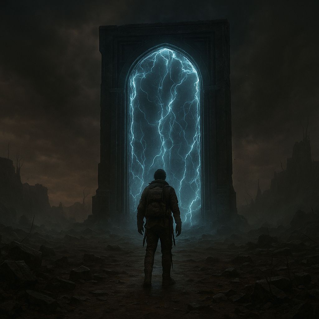 a lone character stands before a towerin', ominous doorway
