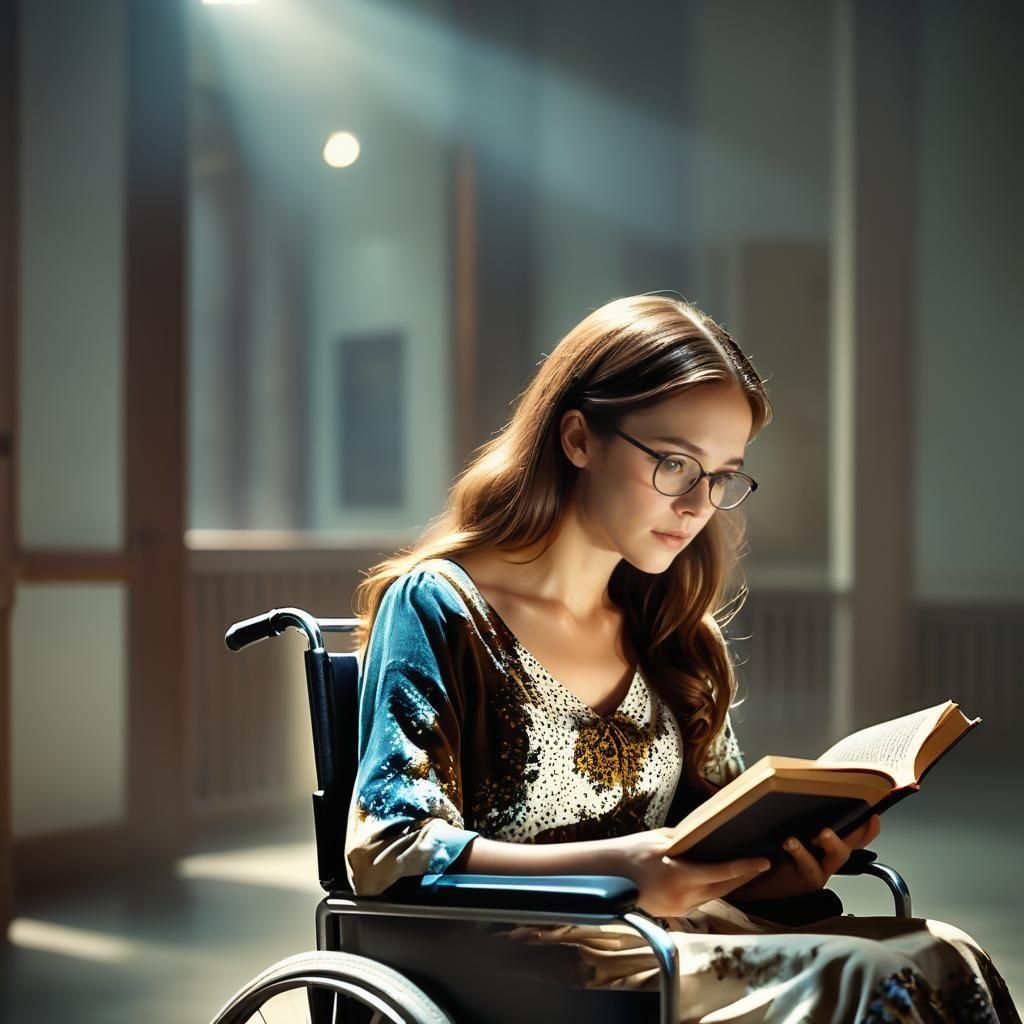 Woman in Wheelchair Reading: Cinematic Film Still