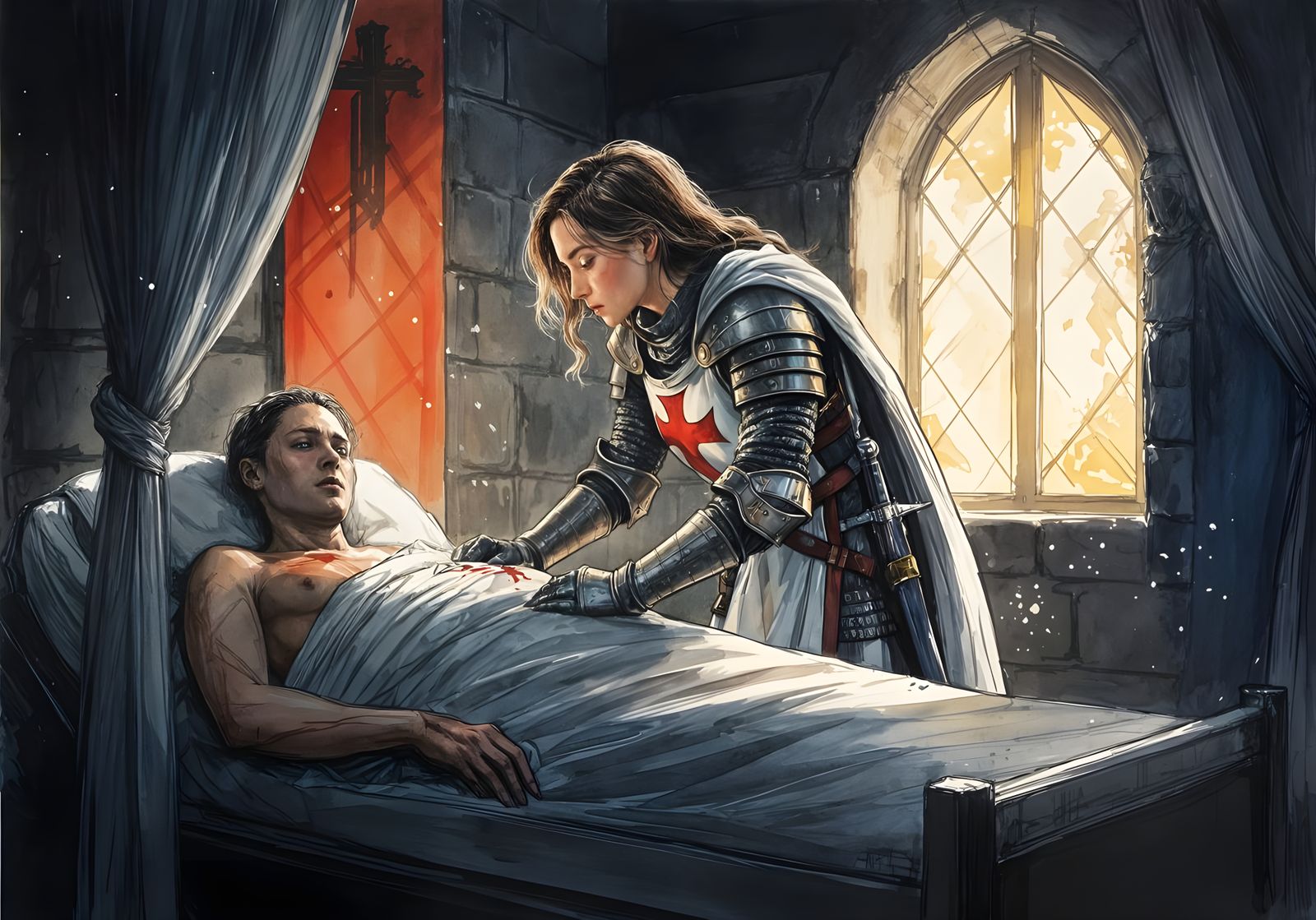 Medieval Paladin Tending the Wounded in a Hospitaller Hospit...