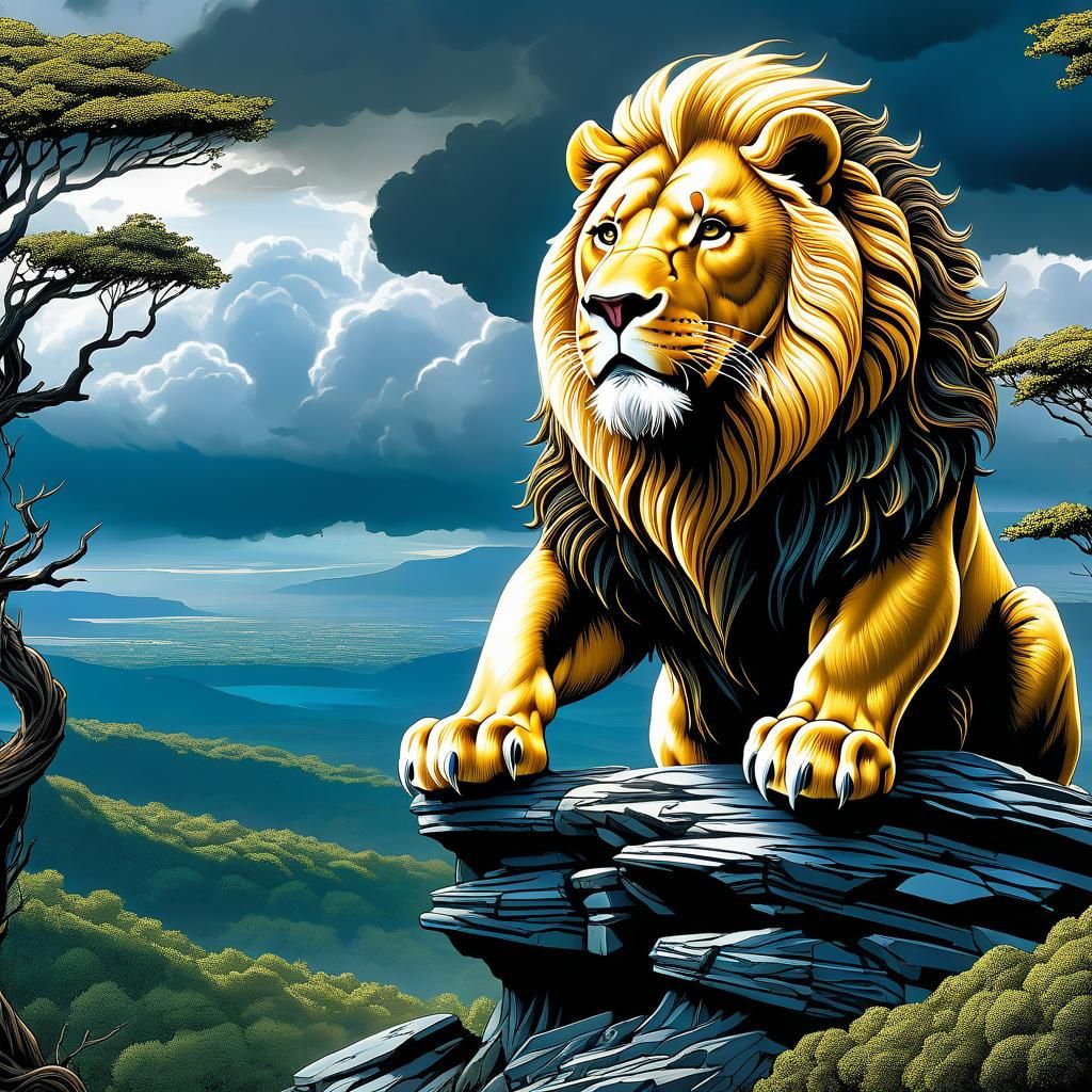 Steampunk Lion God in Stormy Forest, Comic Art