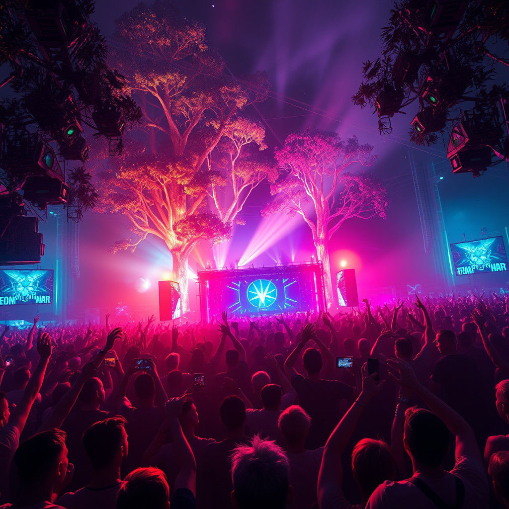 Vibrant Festival Moshpit in Dreamlike Neon Landscape