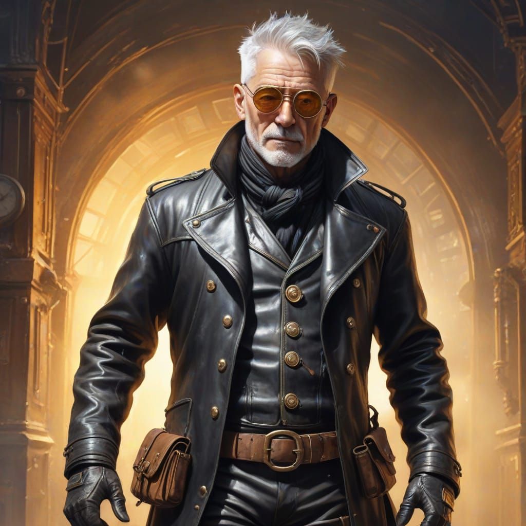 Steampunk Old Man in Leather: Watercolor Painting