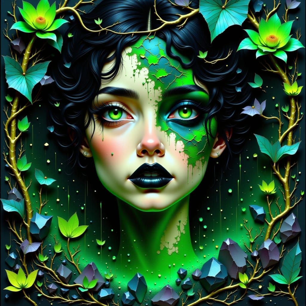 Mystical Woman with Geometric Lips in Digital Painting Style