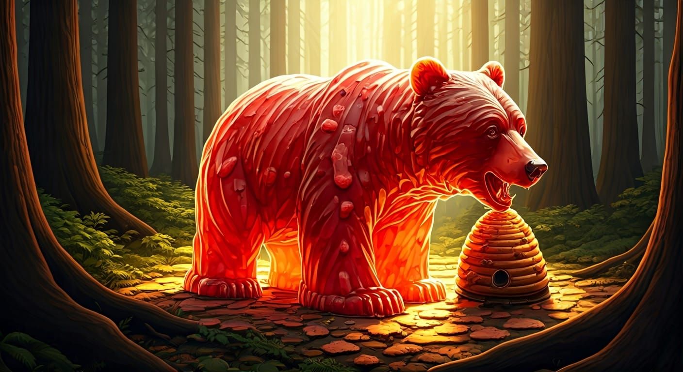 Strawberry Jello Bear Raiding Beehive, Alcohol Ink Style