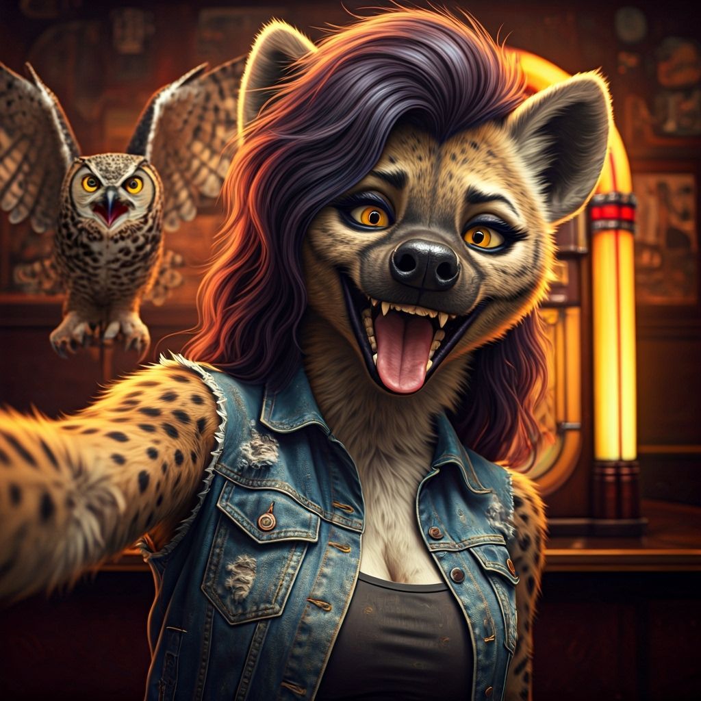 She-Hyena's Dive Bar Selfie with Owl Disturbance