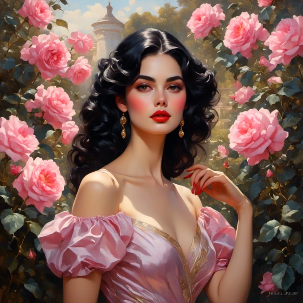 Elegant Black-Haired Woman in Rose Garden