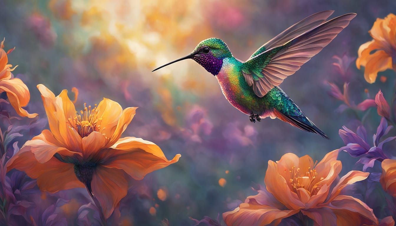 Whimsical Hummingbird in Iridescent Bloom