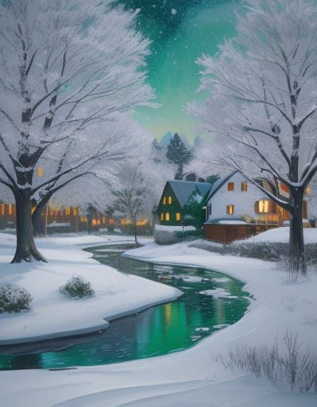 Snowy Village in a Radiant Emerald Green Sky