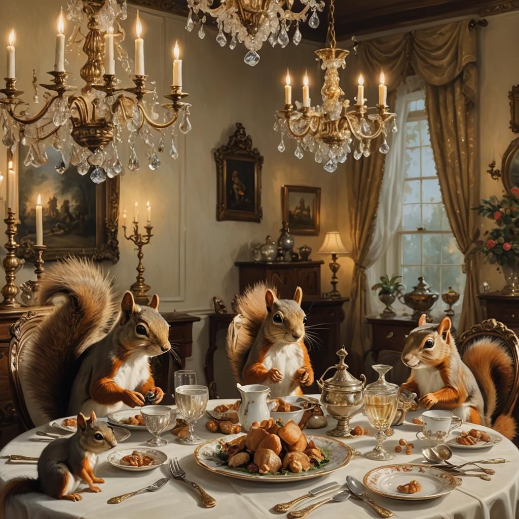 Squirrel Family Dinner: Whimsical Chardin-Inspired Oil Paint...