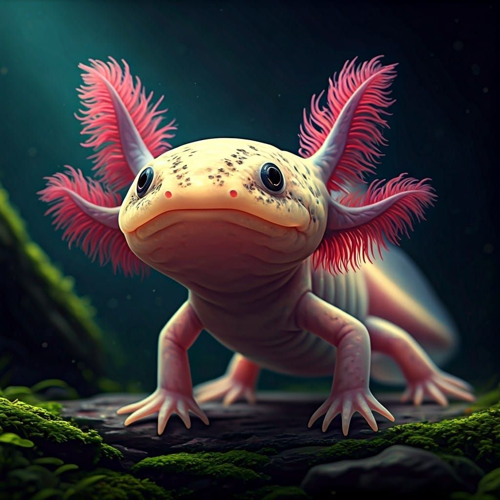 Cartoon Realistic Baby Axolotl Macro Photography