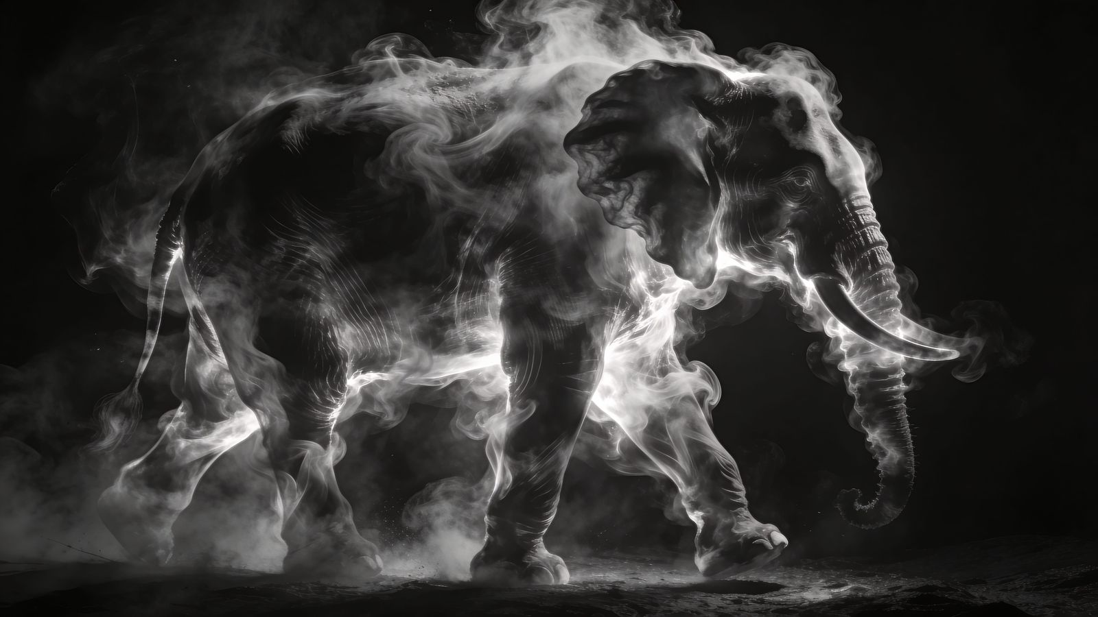 Ethereal Smoke Elephant Emerging from Darkness