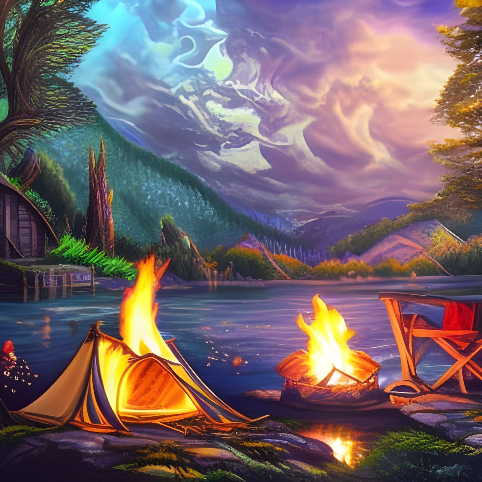 Campsite Scene with Lake Reflection in Detailed Digital Art