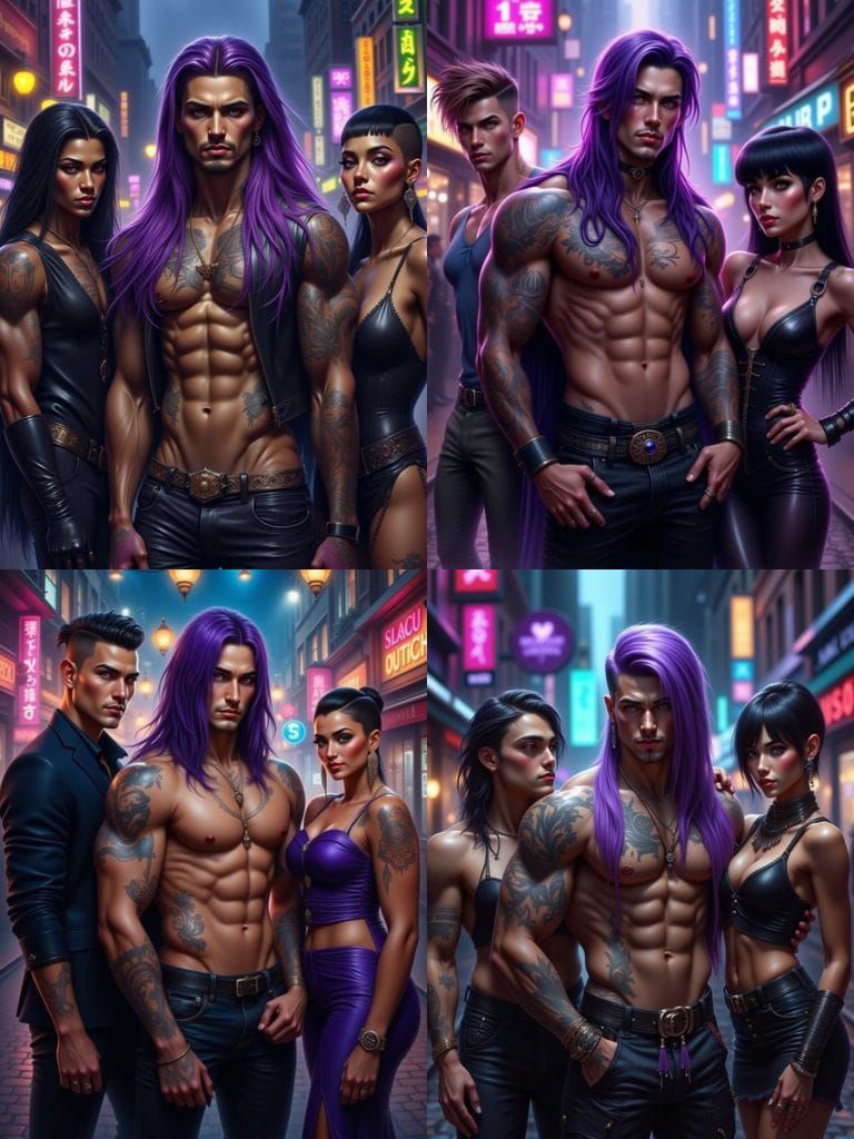 Muscular Nonbinary Man With Purple Hair Under Neon City Ligh...