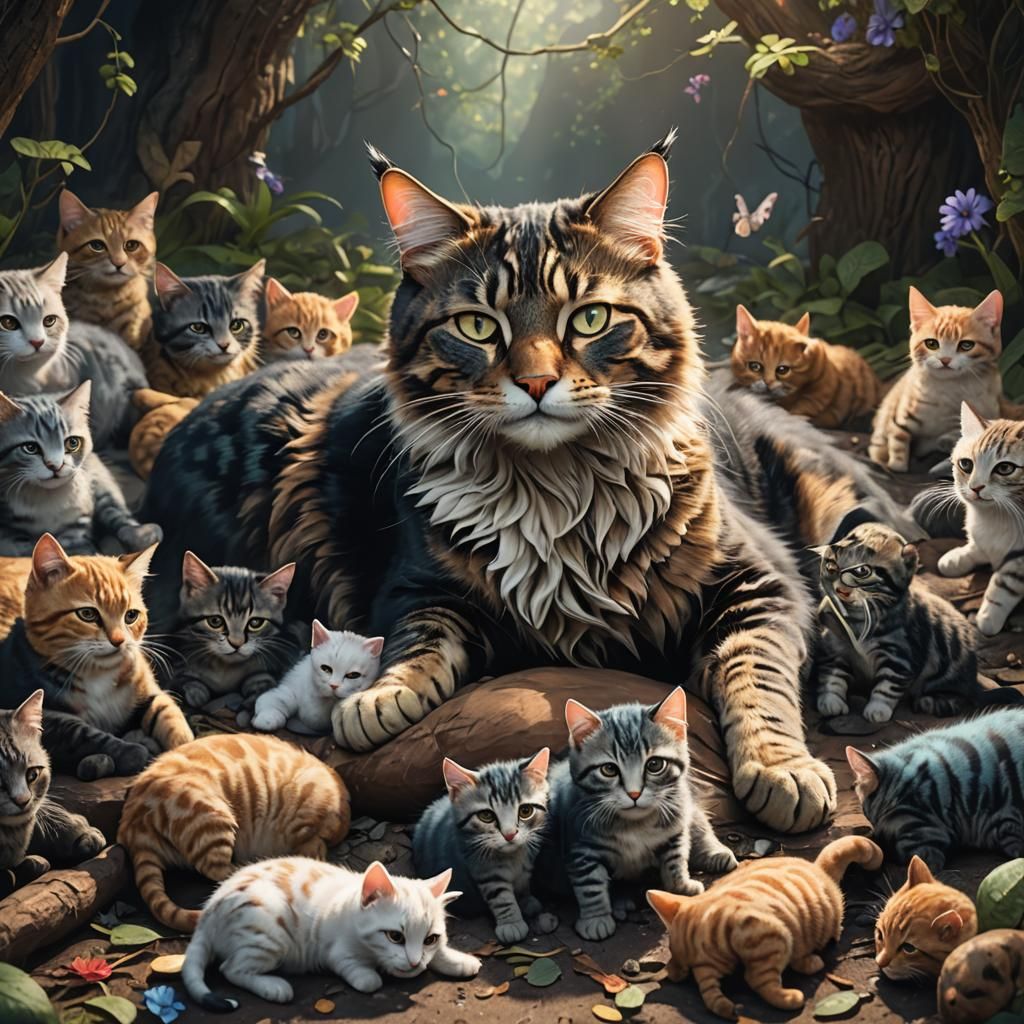 Mother Cat Nursing Kittens: Detailed Matte Painting