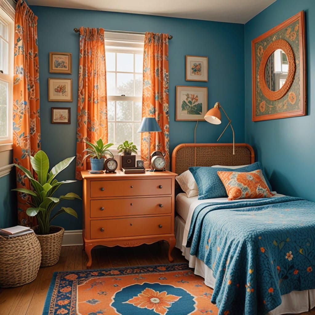 Retro Bedroom Oasis with Vibrant Colors and Textures