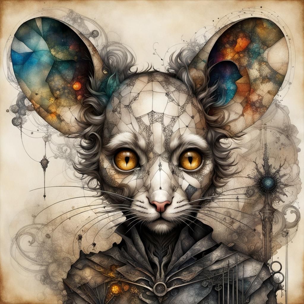Surreal Ink Art Mouse Portrait on Parchment