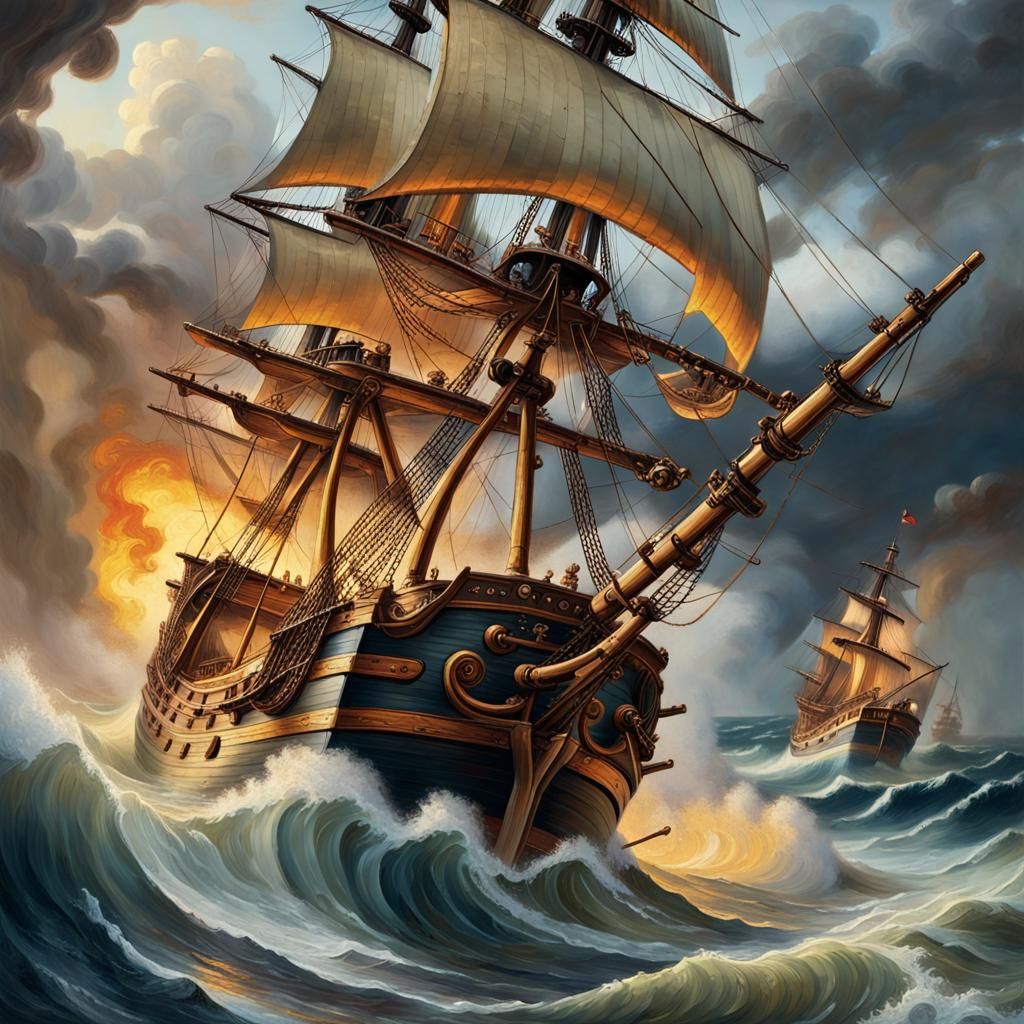 Surreal Baroque Naval Battle in Hyperdetailed Oil Painting