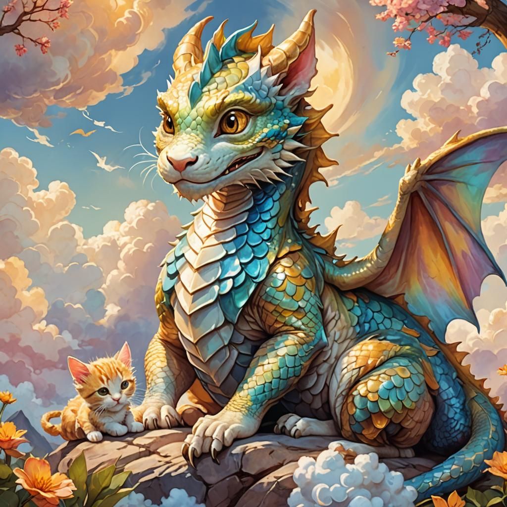 Dragon Cradling Kitten: Whimsical Watercolor Illustration