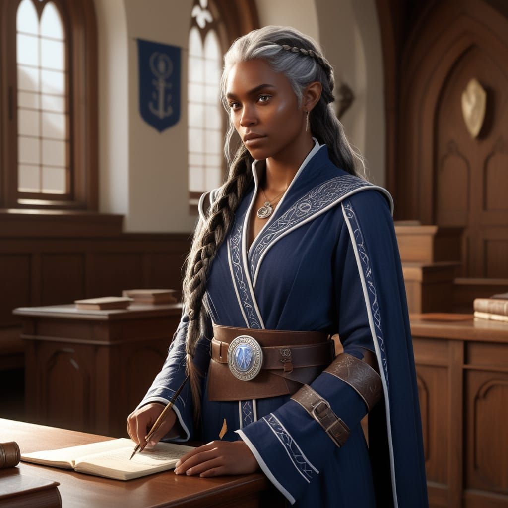 Half-Elf Magistrate Dava Windmoss in Seaside Fantasy Courtro...