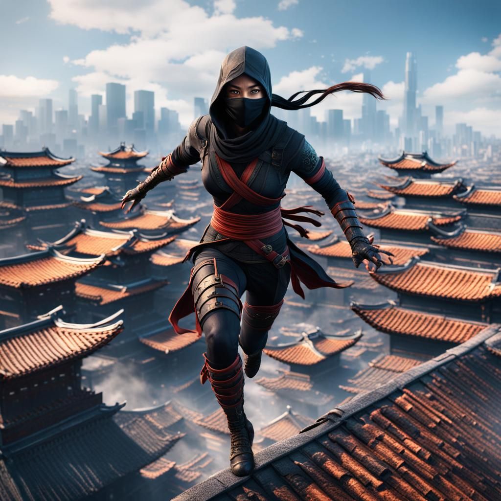 Asian Ninja Running Over City Roof in Fantasy Art
