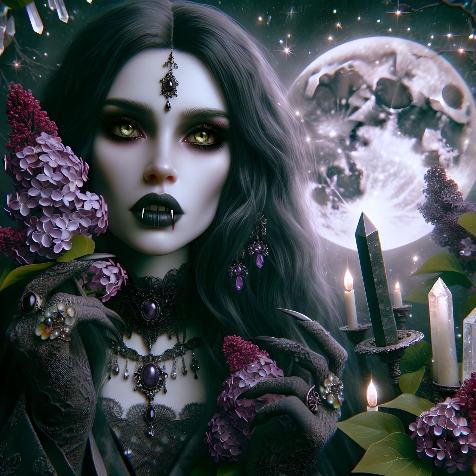 Gothic Vampire Woman with Lilacs and Crystals