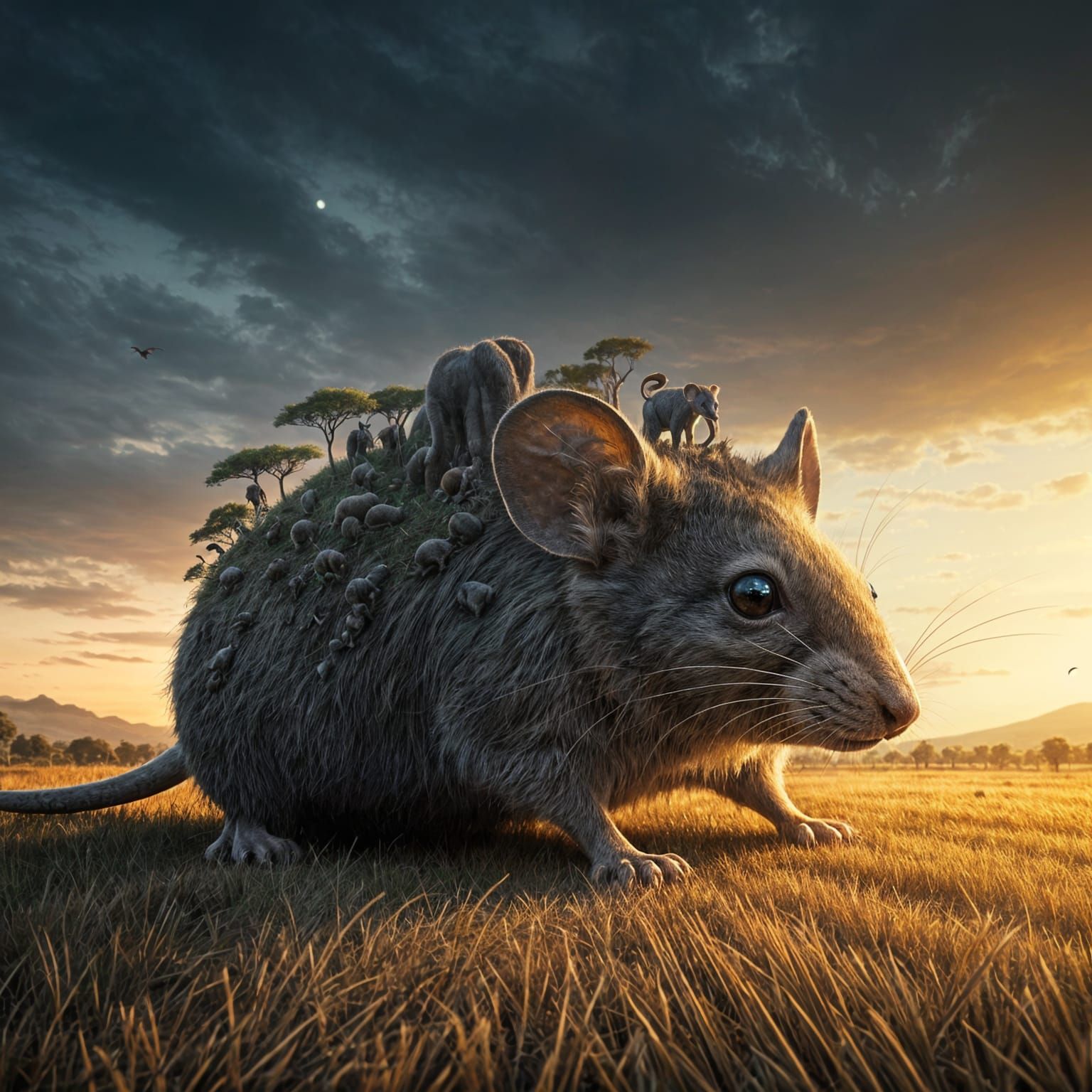 Surreal Savannah Mouse Crawls Over Harvested Field