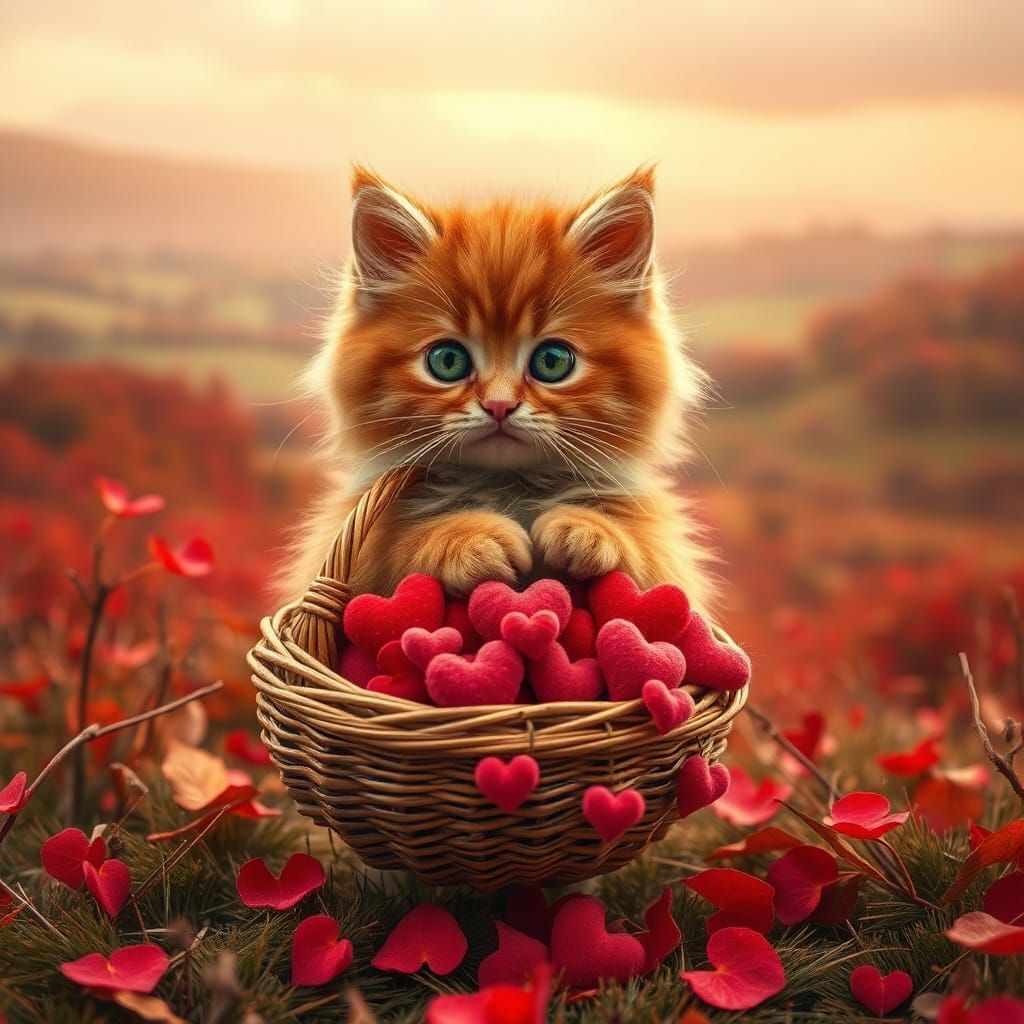 Fluffy Red Cat with Hearts in Autumn Landscape