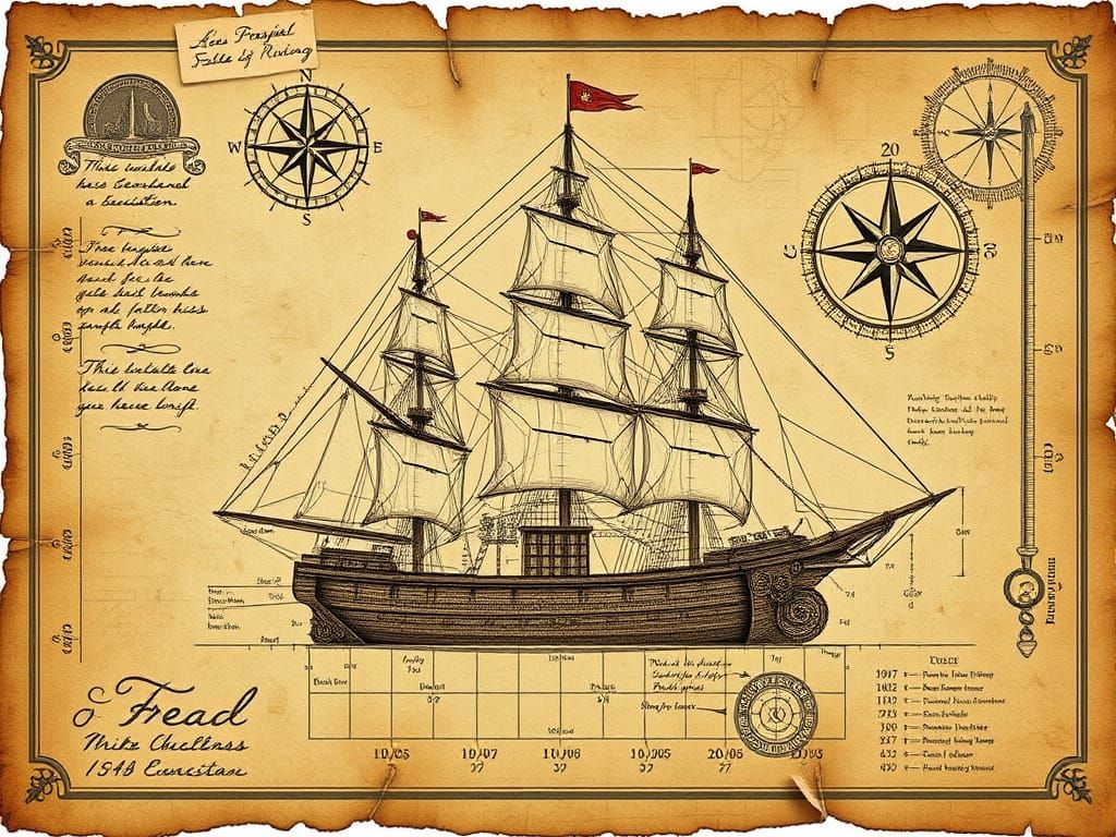 Vintage Sailing Ship Cross-Section Diagram
