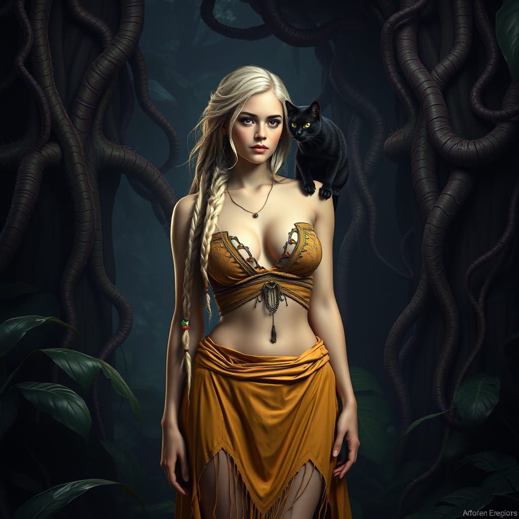 Regal Jungle Goddess with Fierce Feline Companion