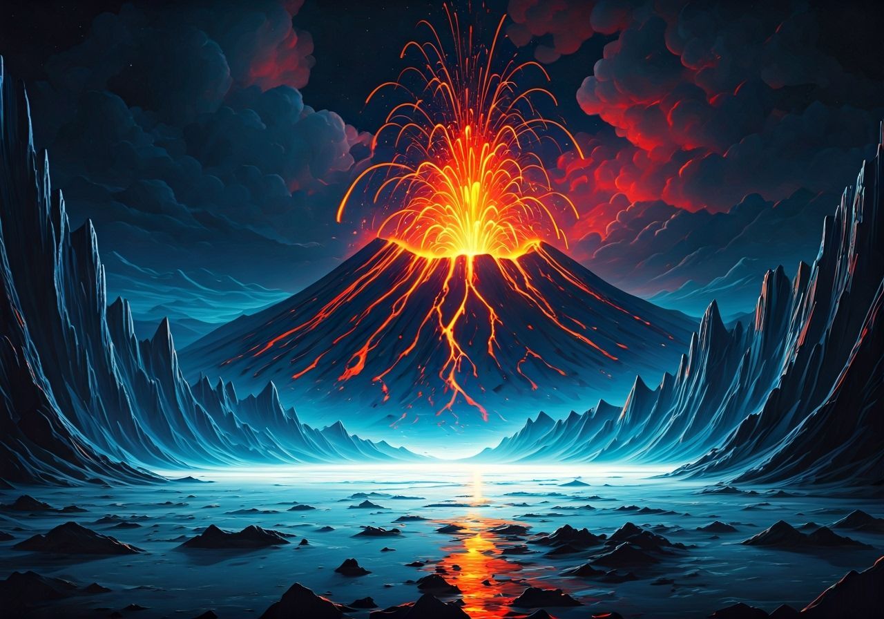 Erupting Volcano on Icy Ground: A Psychedelic Landscape