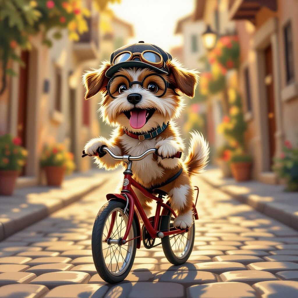 Scruffy Terrier Pilots Vintage Bicycle in Whimsical Scene