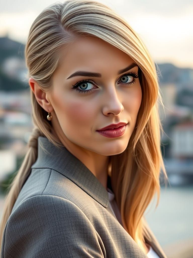Serene Businesswoman in Pastel Hues, Menton Background