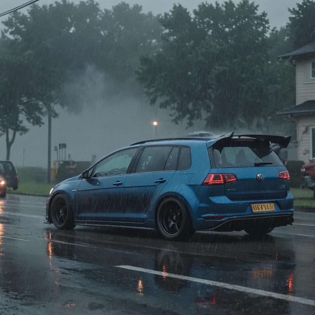 Tuned VW Golf 7R Drifting in Rainy Cyberpunk Style