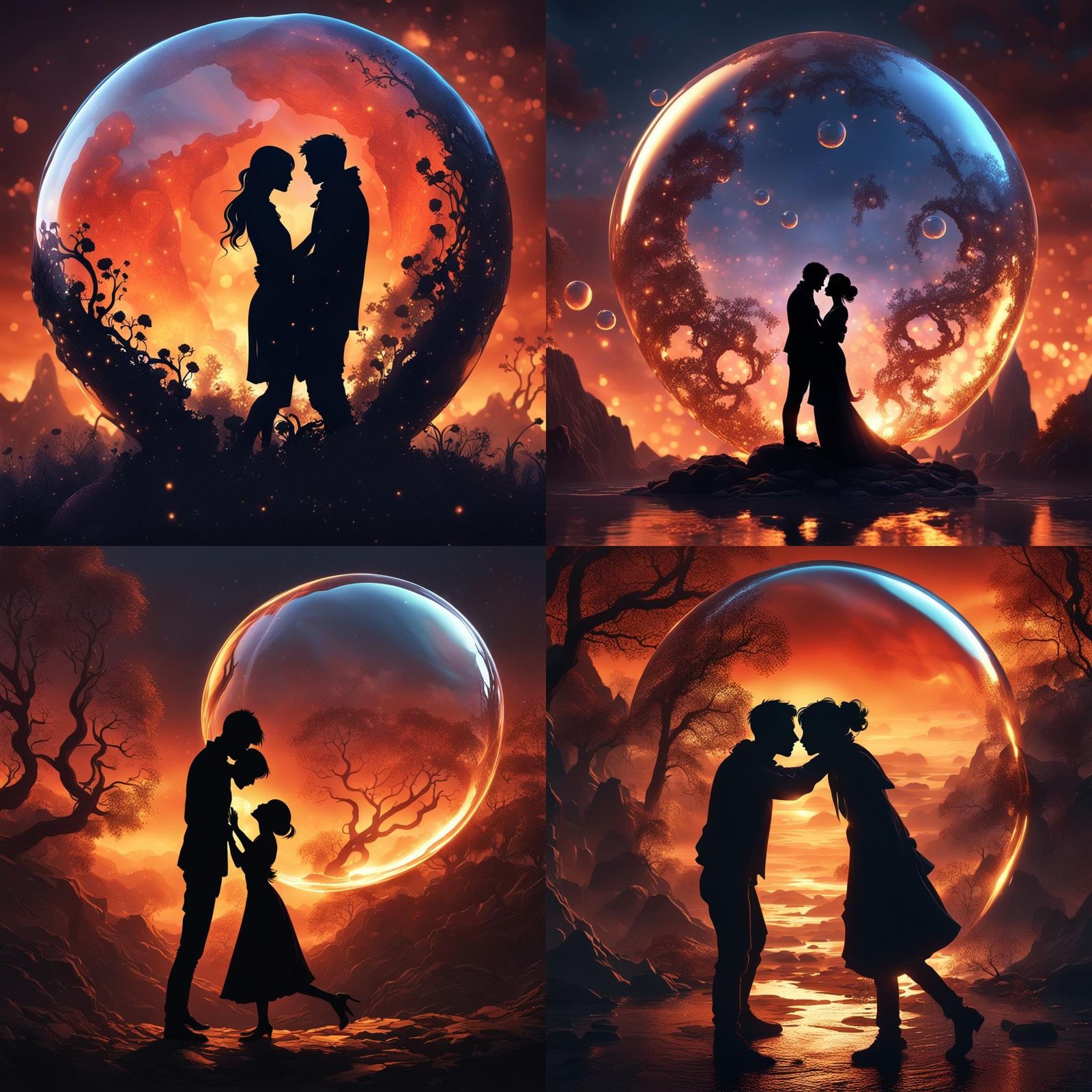 Lovers Embrace in Silver Light Silhouette