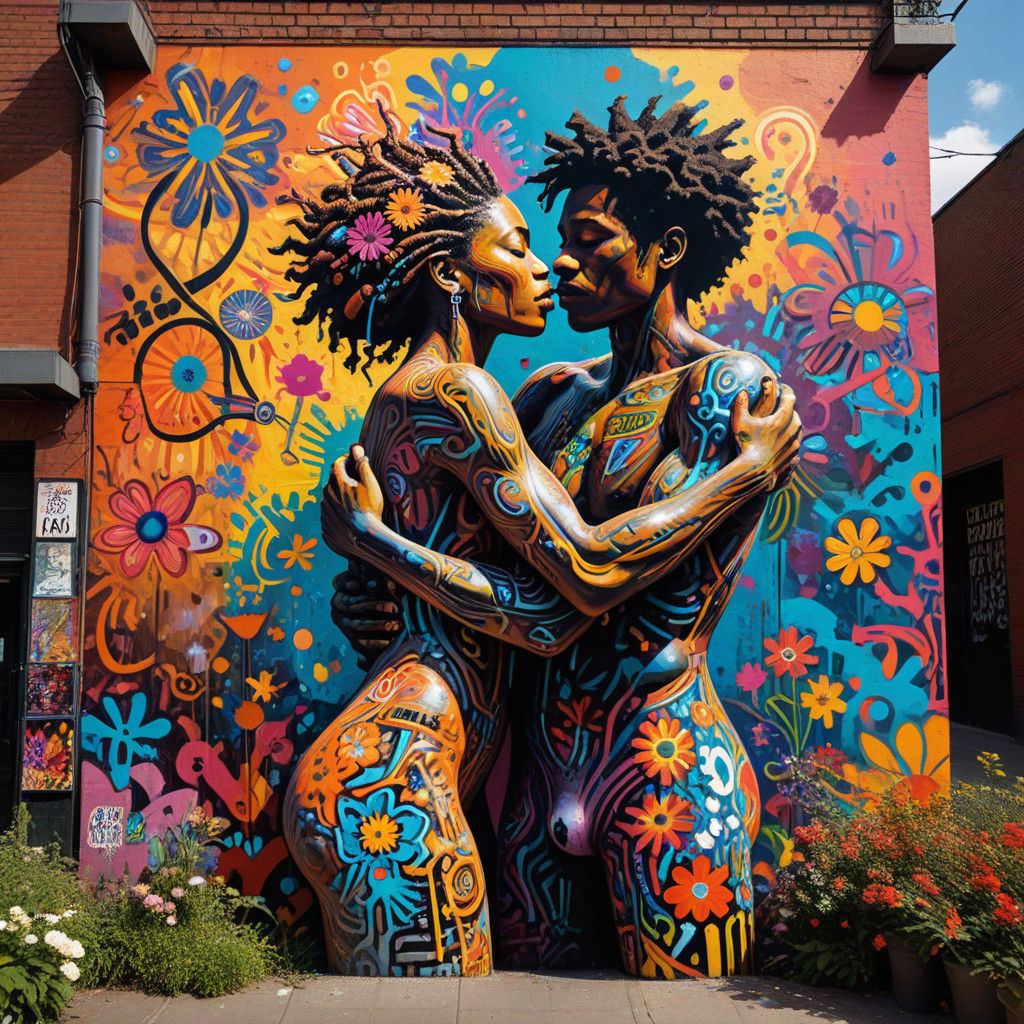 Colorful Street Art Mural of Interconnected Figures