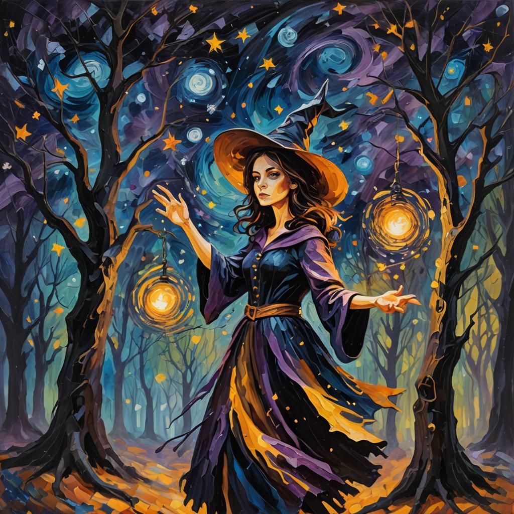 Young Witch Casting Spell: Neo-Expressionist Oil Painting