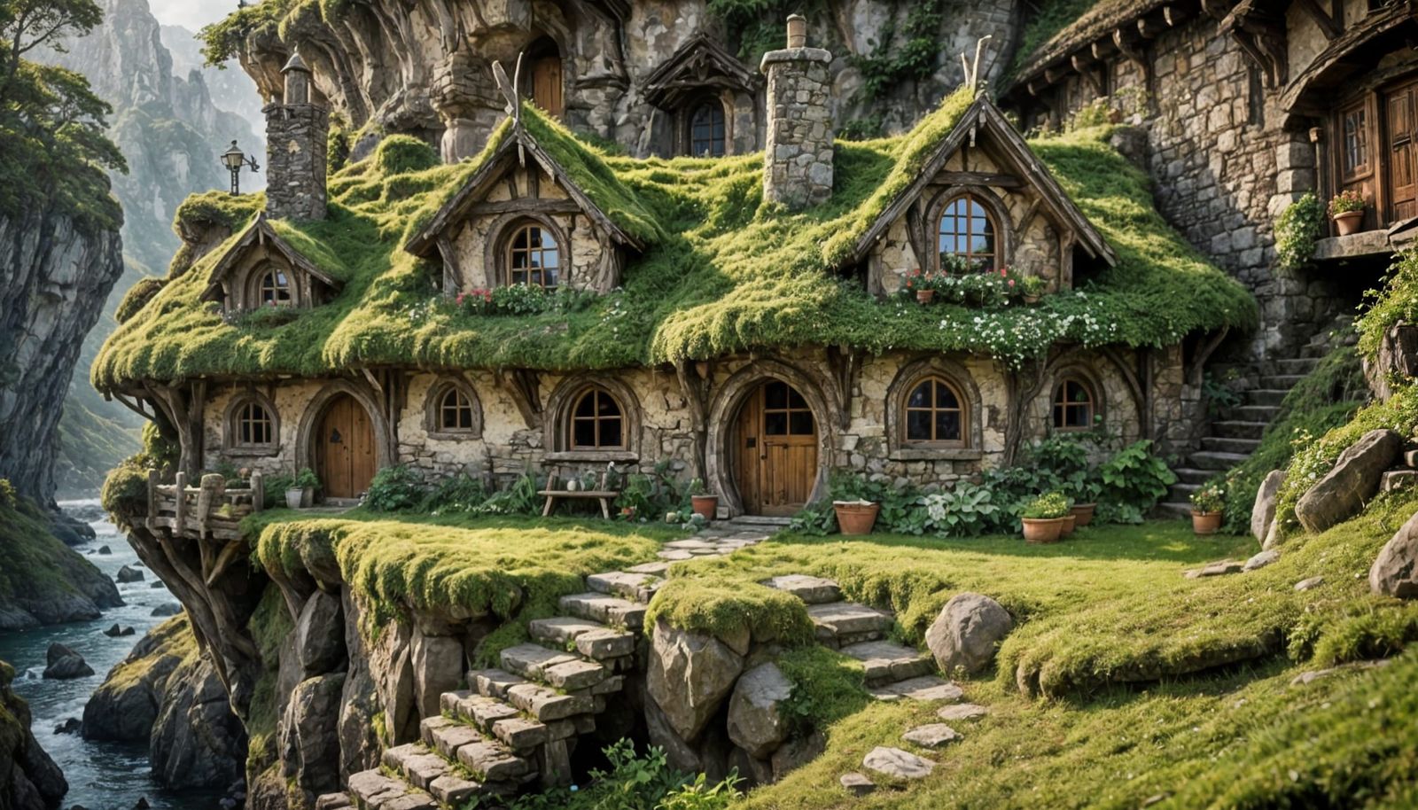 Rustic Elven Cottage on Cliffside in Fantasy Style