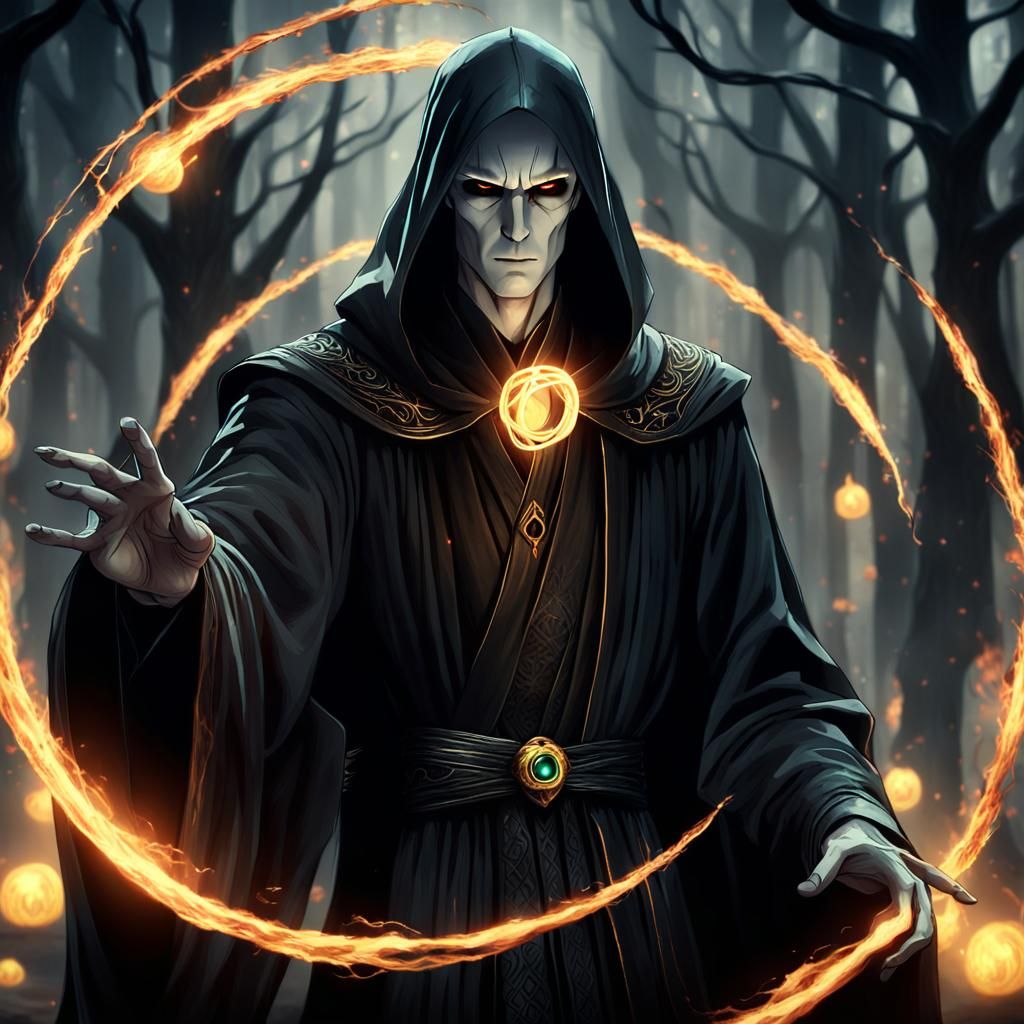 Mystical Man Summons Fireballs in Dark Fantasy Art