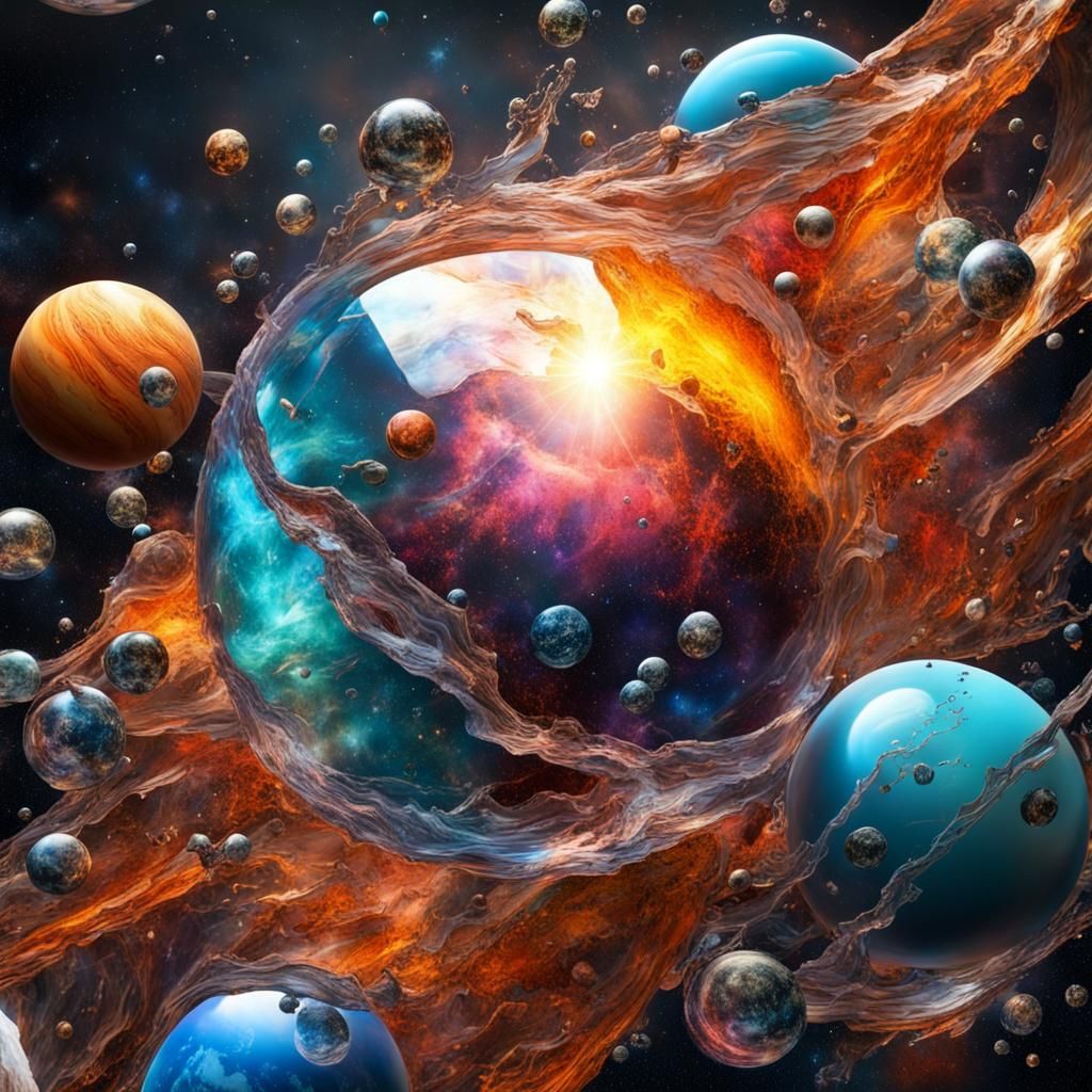 planets made of glass impacting each other and shattering into shards and pieces on a cosmic background, intricate, high...