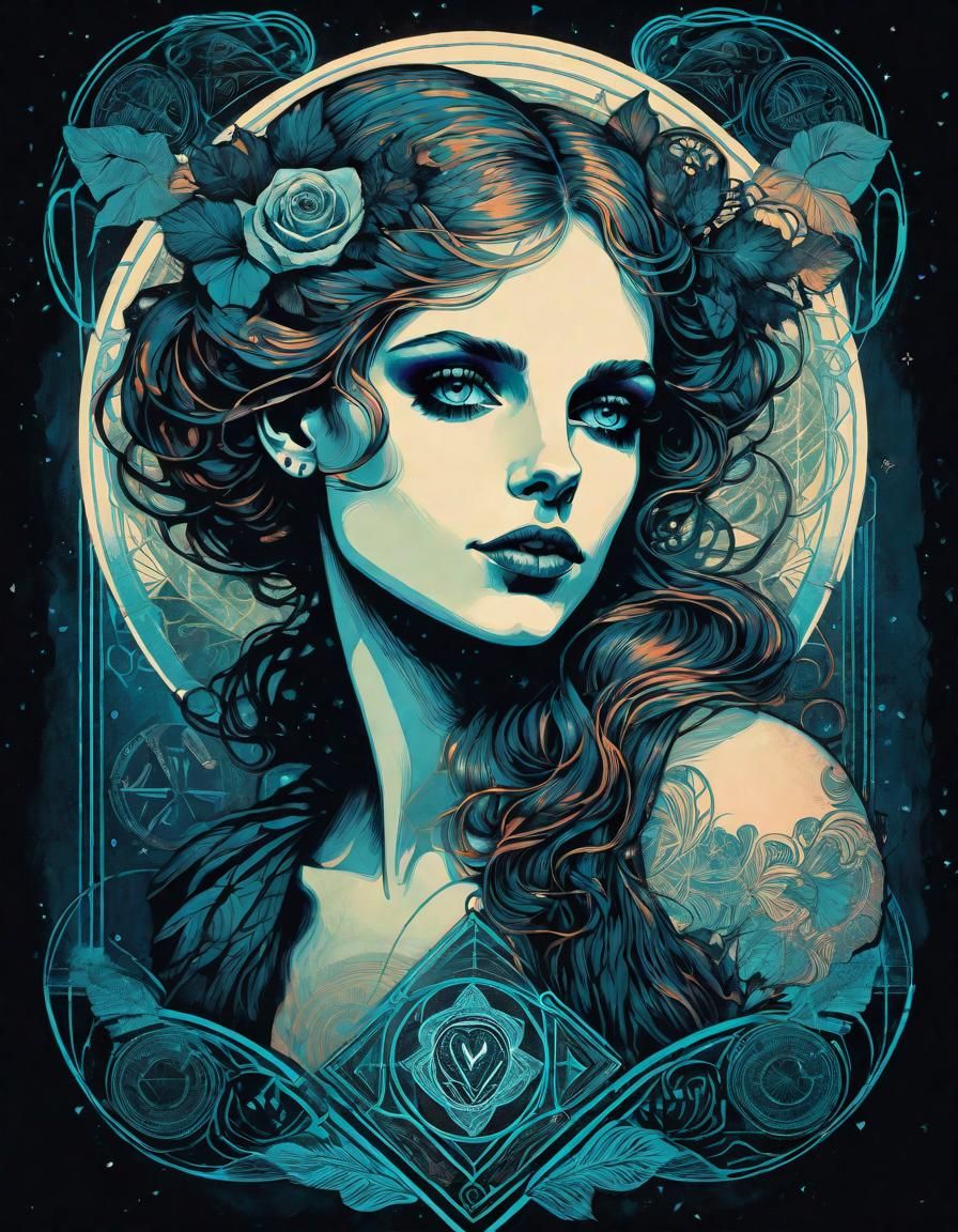 Art Nouveau Ink Drawing with Hearts and Runes