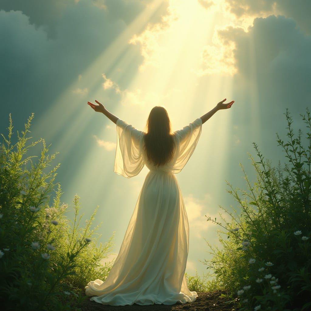 Ethereal Goddess Embracing Divine Energy in Dreamy Impressio...