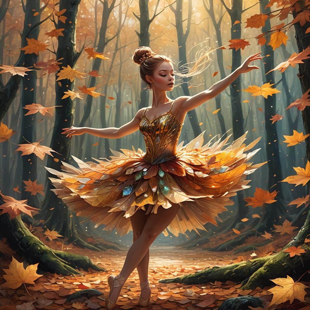 Autumn Ballerina in Whimsical Forest: Fantasy Illustration