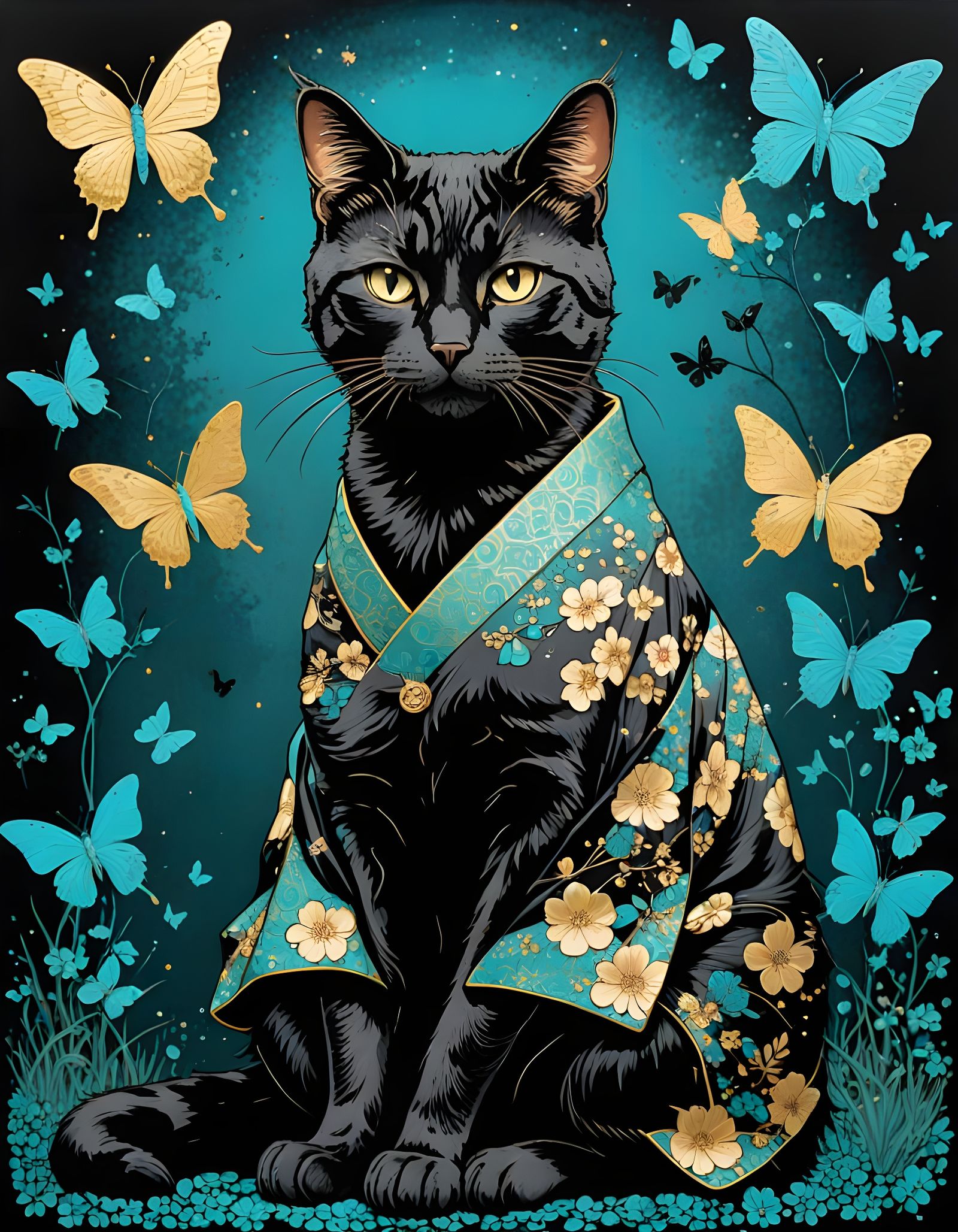 Japanese Cat in Elegant Kimono, Screenprint Style